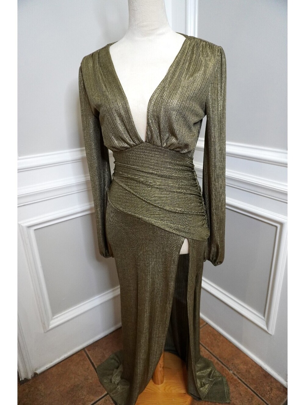 Fashion Nova Metallic Gold Long Sleeve Evening Dress with Side Slit